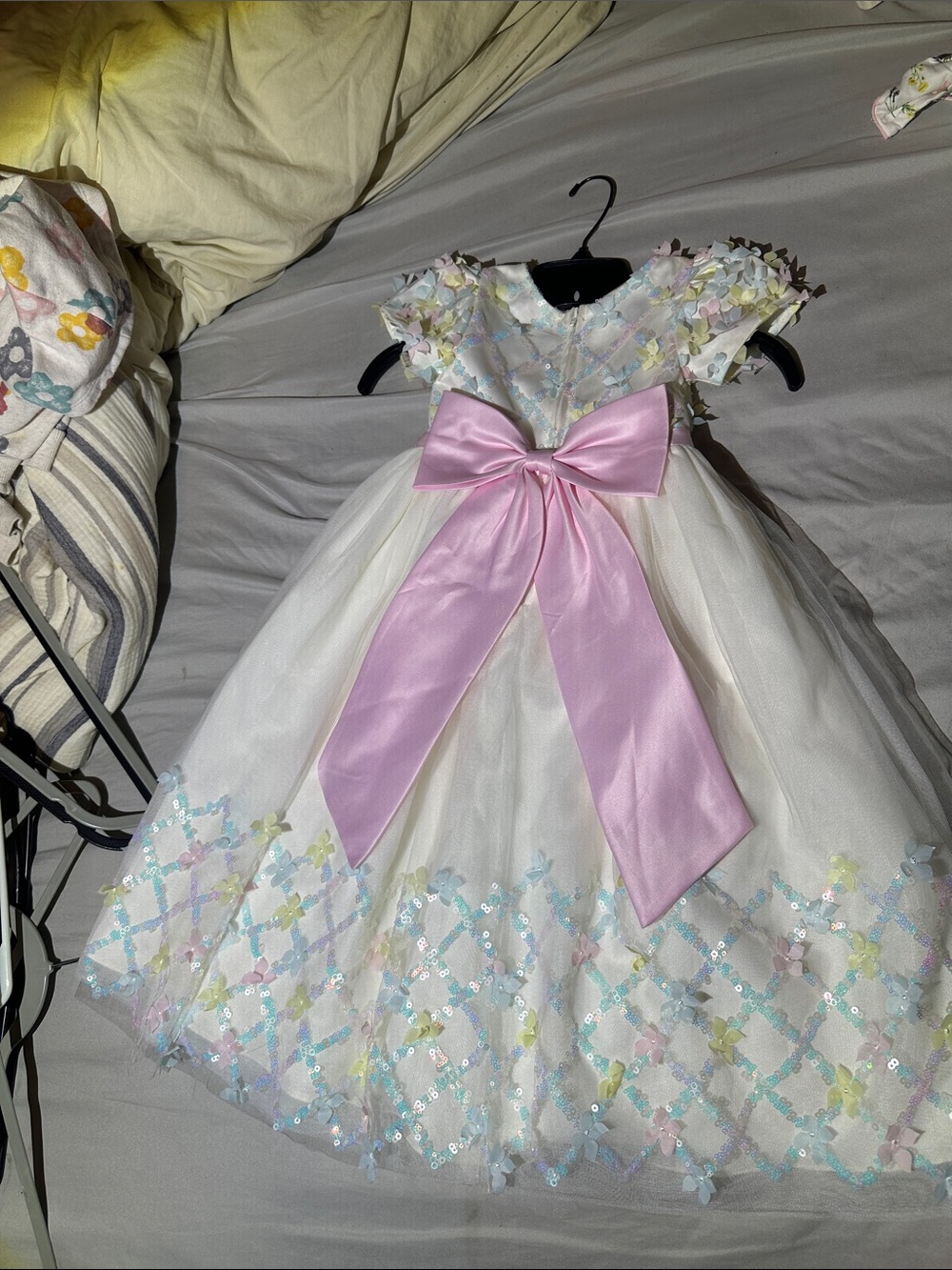 Rare Editions White Tulle Dress with Pink Satin Bow